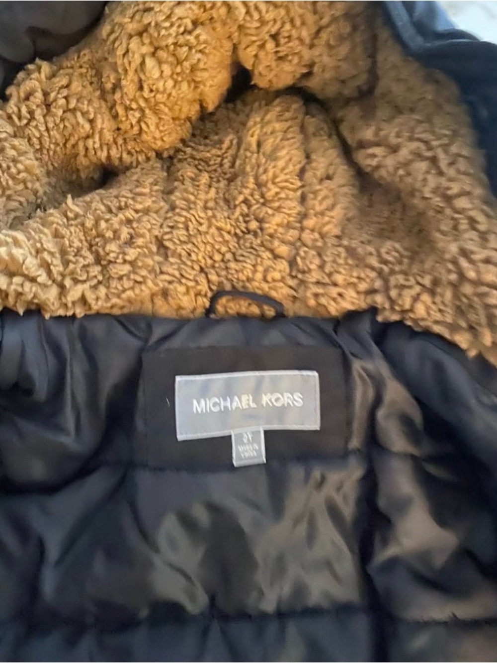 Michael Kors Kids Black Puffer Jacket with Brown Sherpa Hood